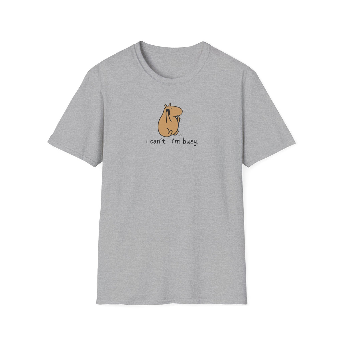 Capy Life grey softstyle t-shirt featuring a minimalist illustration of a capybara snacking with the text I can't I'm busy