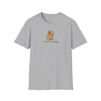 Capy Life grey softstyle t-shirt featuring a minimalist illustration of a capybara snacking with the text I can't I'm busy