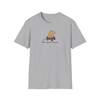 Capy Life grey softstyle t-shirt featuring a minimalist capybara in a red wagon with the text Here against my will.