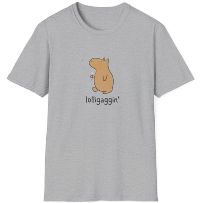 Capy Life grey softstyle t-shirt featuring a hand-drawn capybara holding a dandelion with the text lolligaggin