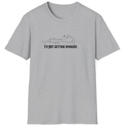 Capy Life grey softstyle t-shirt featuring a hand-drawn capybara floating in water with the text I'm Not Getting Involved