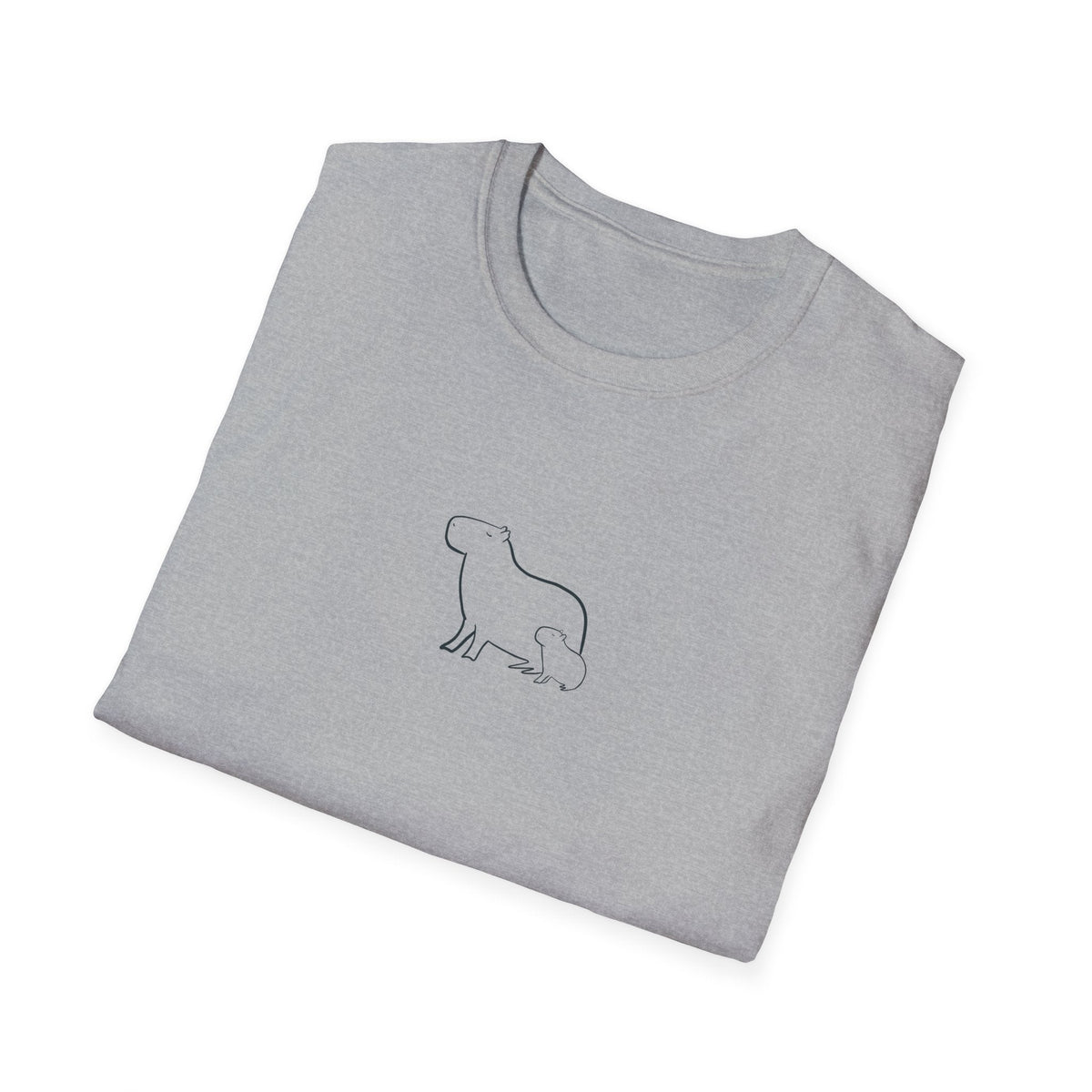 Capy Life grey cotton t-shirt featuring a minimalist black line art illustration of a mother and baby capybara.