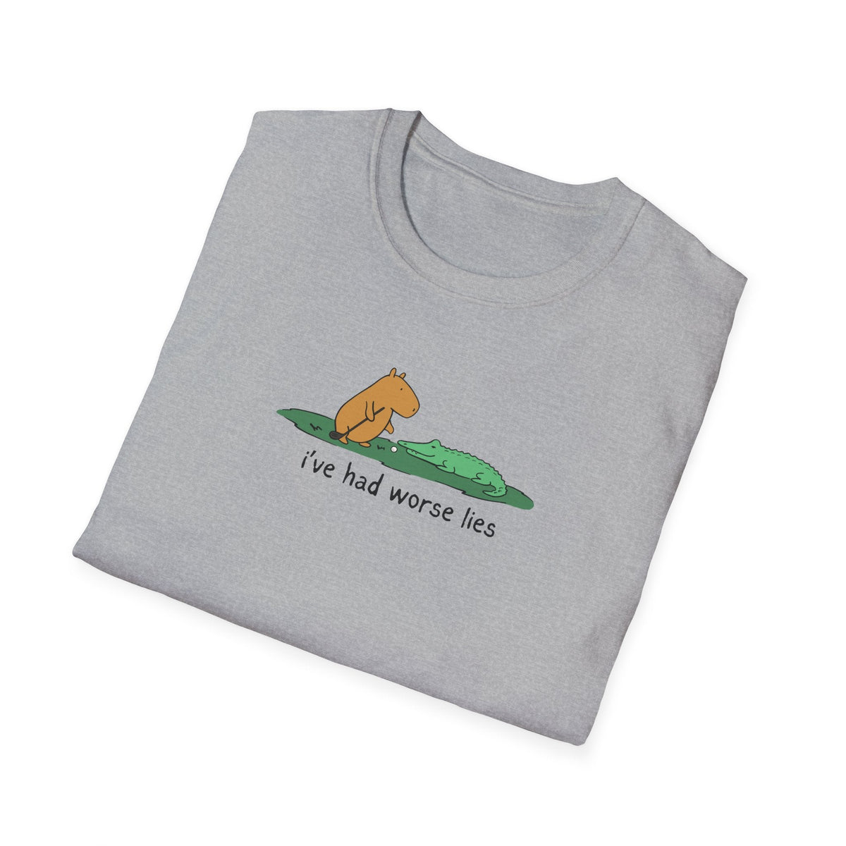 Capy Life grey softstyle t-shirt featuring a hand-drawn illustration of a capybara and alligator with funny text.