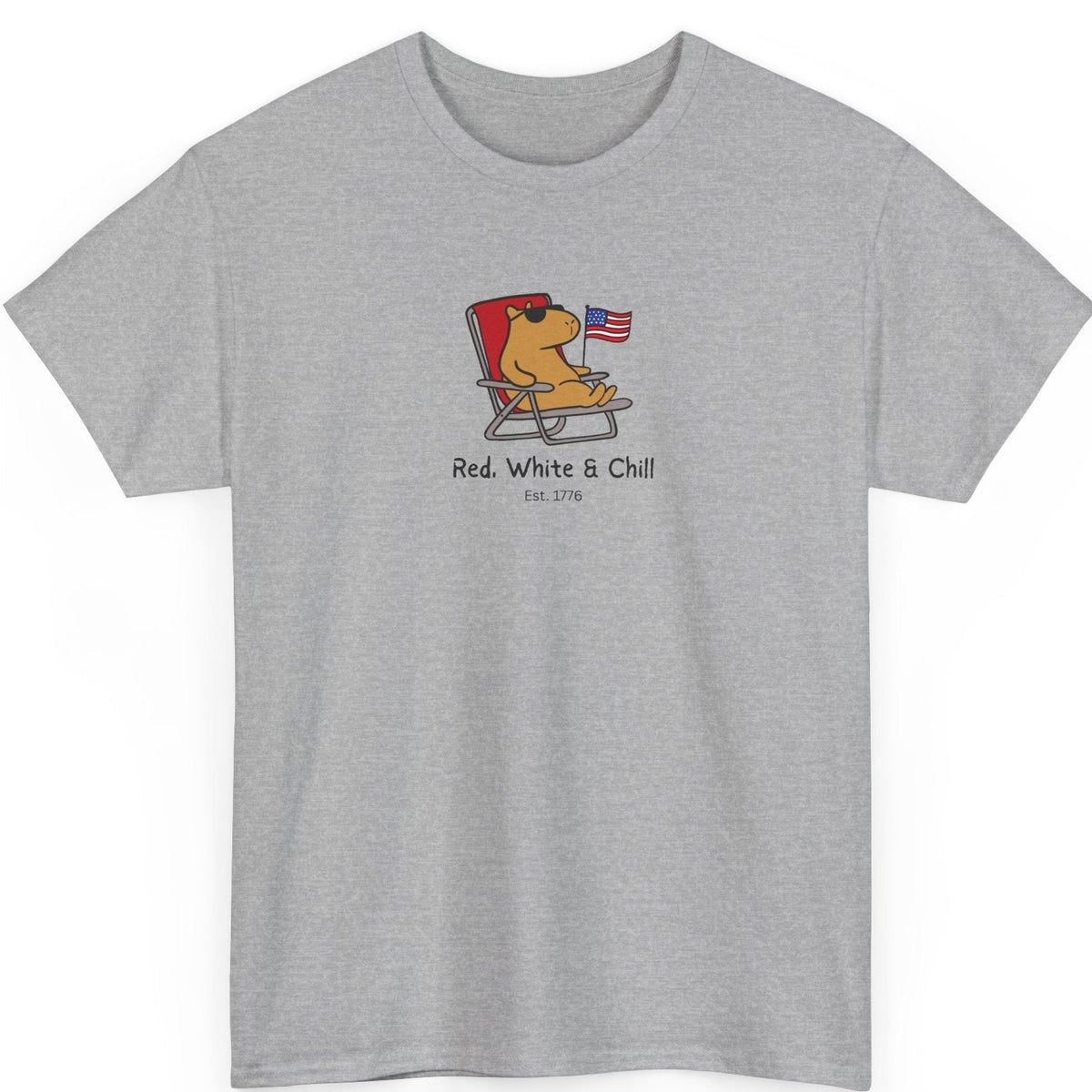 Capy Life grey unisex t-shirt featuring a graphic of a capybara in a chair with an American flag and patriotic text.
