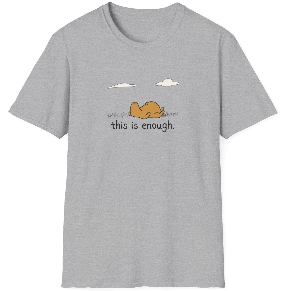 Capy Life grey softstyle t-shirt featuring a hand-drawn capybara lying in the grass with the text This Is Enough
