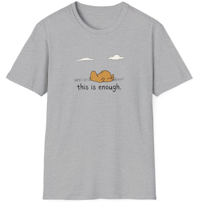 Capy Life grey softstyle t-shirt featuring a hand-drawn capybara lying in the grass with the text This Is Enough