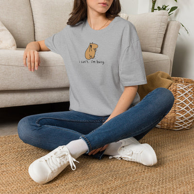 Capy Life grey softstyle t-shirt featuring a minimalist Gene the capybara illustration with the text I can’t. I’m busy.