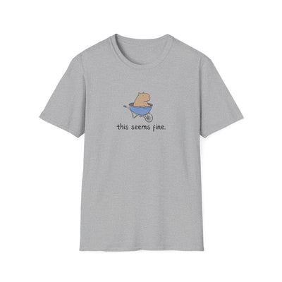 Capy Life grey softstyle t-shirt with a hand-drawn capybara in a blue wheelbarrow and the text this seems fine