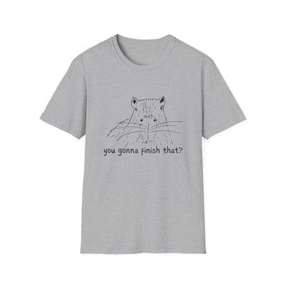 Capy Life grey softstyle t-shirt featuring a hand-drawn capybara sketch and the text You gonna finish that