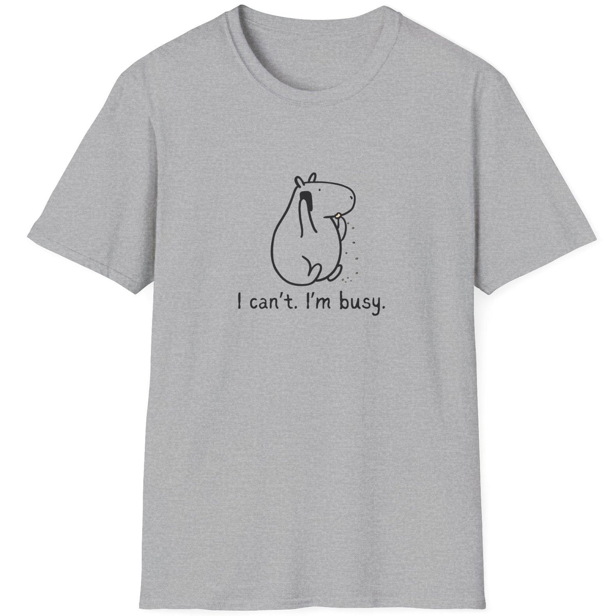 Capy Life grey softstyle t-shirt featuring a minimalist line drawing of a capybara and the text I can't. I'm busy.
