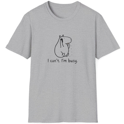 Capy Life grey softstyle t-shirt featuring a minimalist line drawing of a capybara and the text I can't. I'm busy.