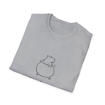 Capy Life grey softstyle t-shirt featuring a minimalist line drawing of a capybara sitting inside a cooking pot.