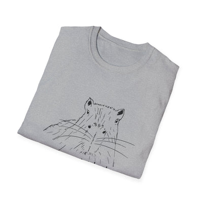 Capy Life grey softstyle t-shirt featuring a hand-drawn sketch of a curious capybara looking forward