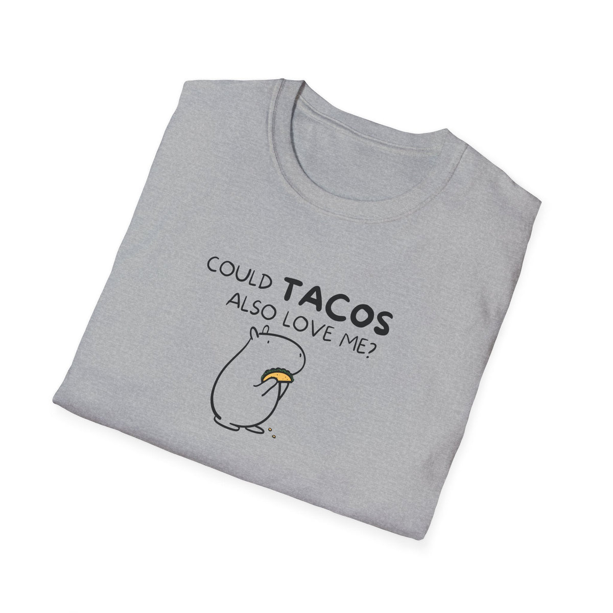 Capy Life grey crewneck t-shirt featuring a minimalist black line art illustration of a capybara holding a taco.