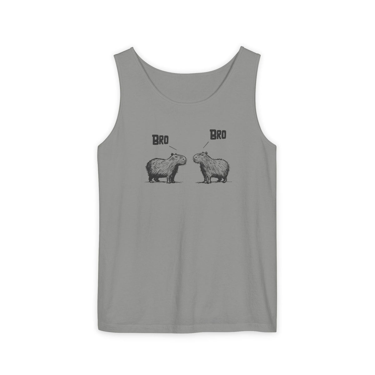Capy Life grey tank top featuring a funny sketch of two capybaras saying Bro to each other in a minimalist style.