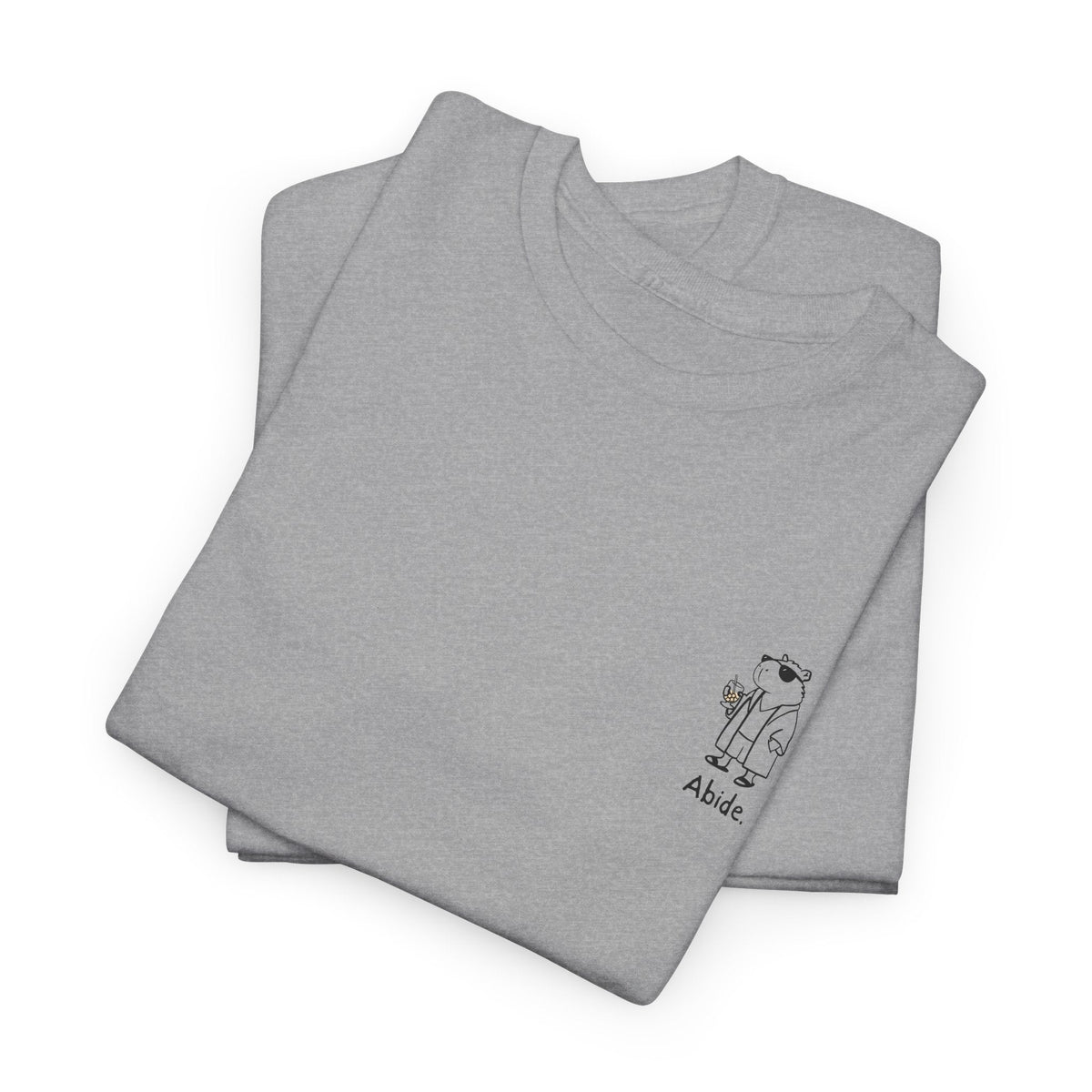 Capy Life grey heavy cotton t-shirt with a small left chest graphic of a capybara in a robe and sunglasses
