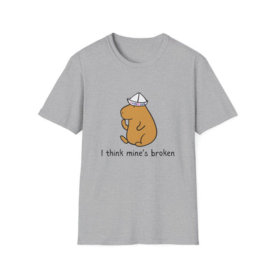 Capy Life grey softstyle t-shirt featuring a capybara wearing a paper thinking cap with the text I think mine's broken