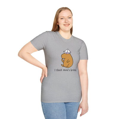 Capy Life grey softstyle adult t-shirt featuring a capybara wearing a paper thinking cap with text I think mine's broken