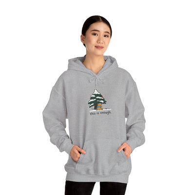 Capy Life grey pullover hoodie featuring a cute capybara under a snowy tree with the text this is enough