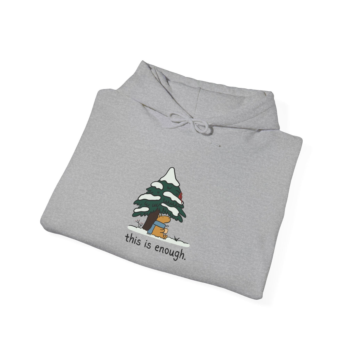 Capy Life grey pullover hoodie featuring a graphic of a capybara in a blue scarf under a snowy tree with text.