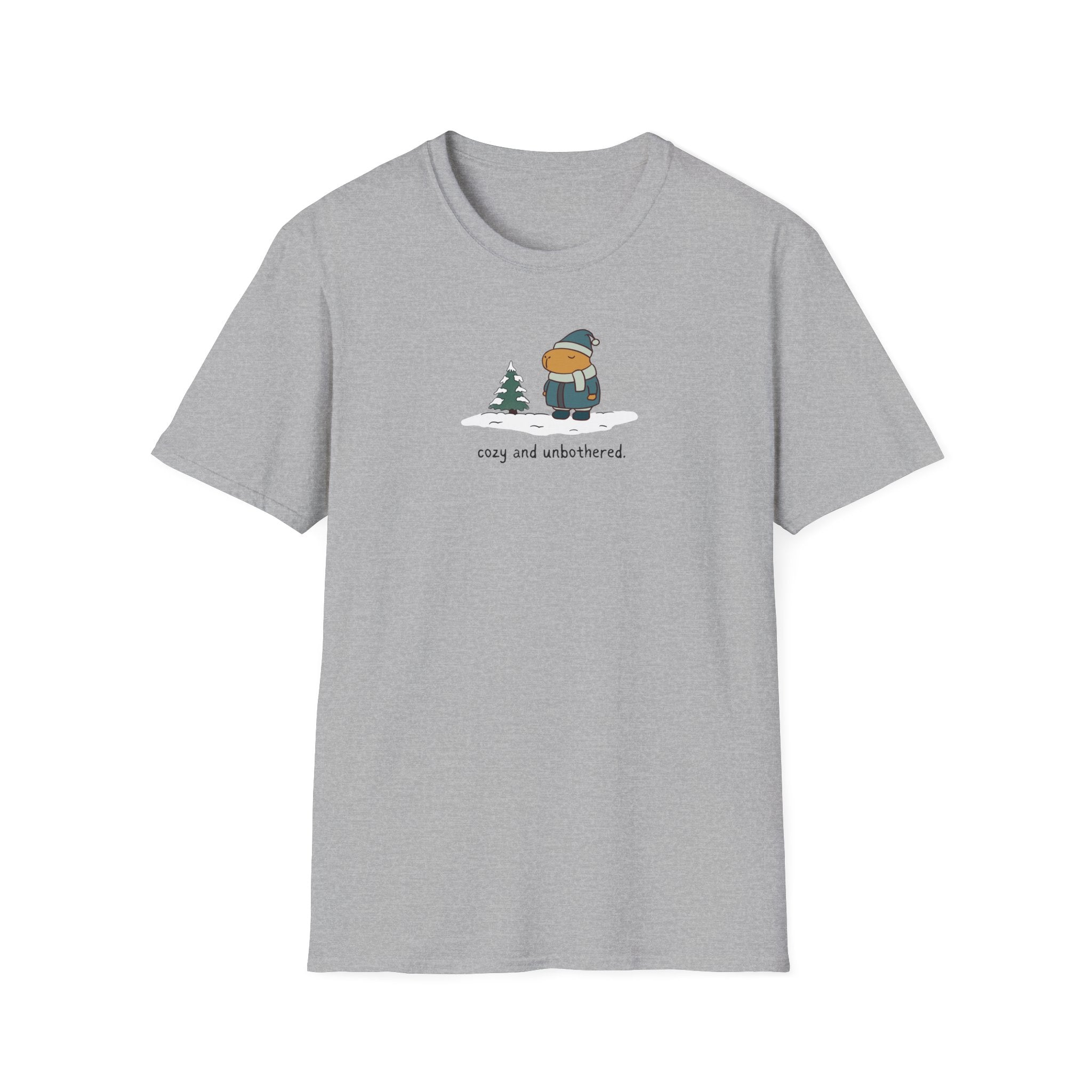 Capy Life grey softstyle t-shirt featuring a minimalist graphic of a capybara in winter gear with snowy tree.