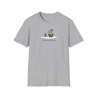 Capy Life grey softstyle t-shirt featuring a minimalist graphic of a capybara in winter gear with snowy tree.