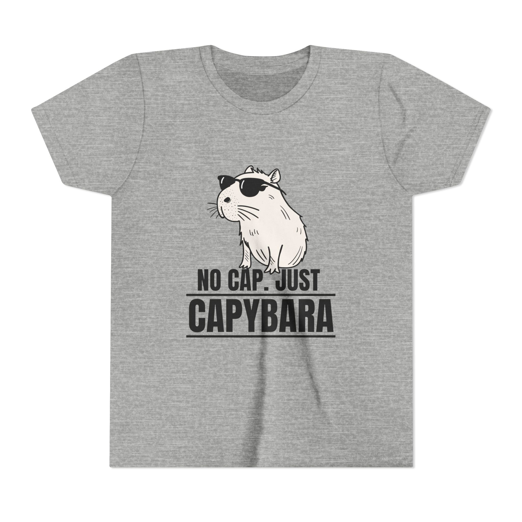 Capy Life youth grey t-shirt featuring a graphic of a cool capybara wearing sunglasses with the text No Cap Just Capybara