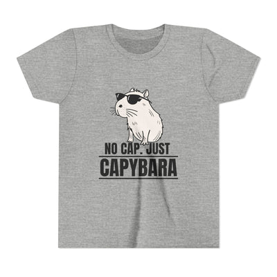 Capy Life youth grey t-shirt featuring a graphic of a cool capybara wearing sunglasses with the text No Cap Just Capybara