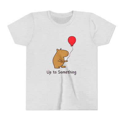 Capy Life youth t-shirt in heather grey featuring a cute capybara holding a red balloon with Up to Something text.