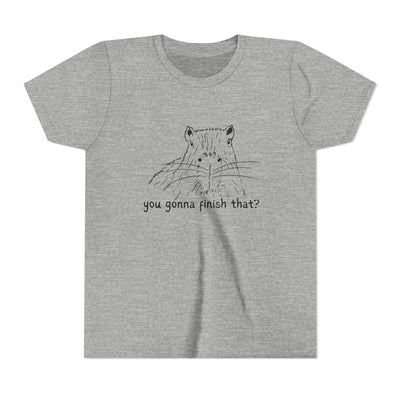 Capy Life grey youth t-shirt featuring a hand-drawn capybara sketch and the text you gonna finish that?