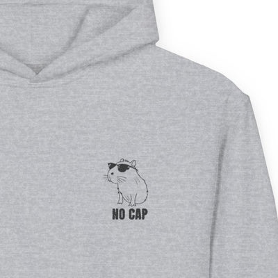 Capy Life grey youth hoodie featuring a minimalist embroidered capybara wearing sunglasses with No Cap text