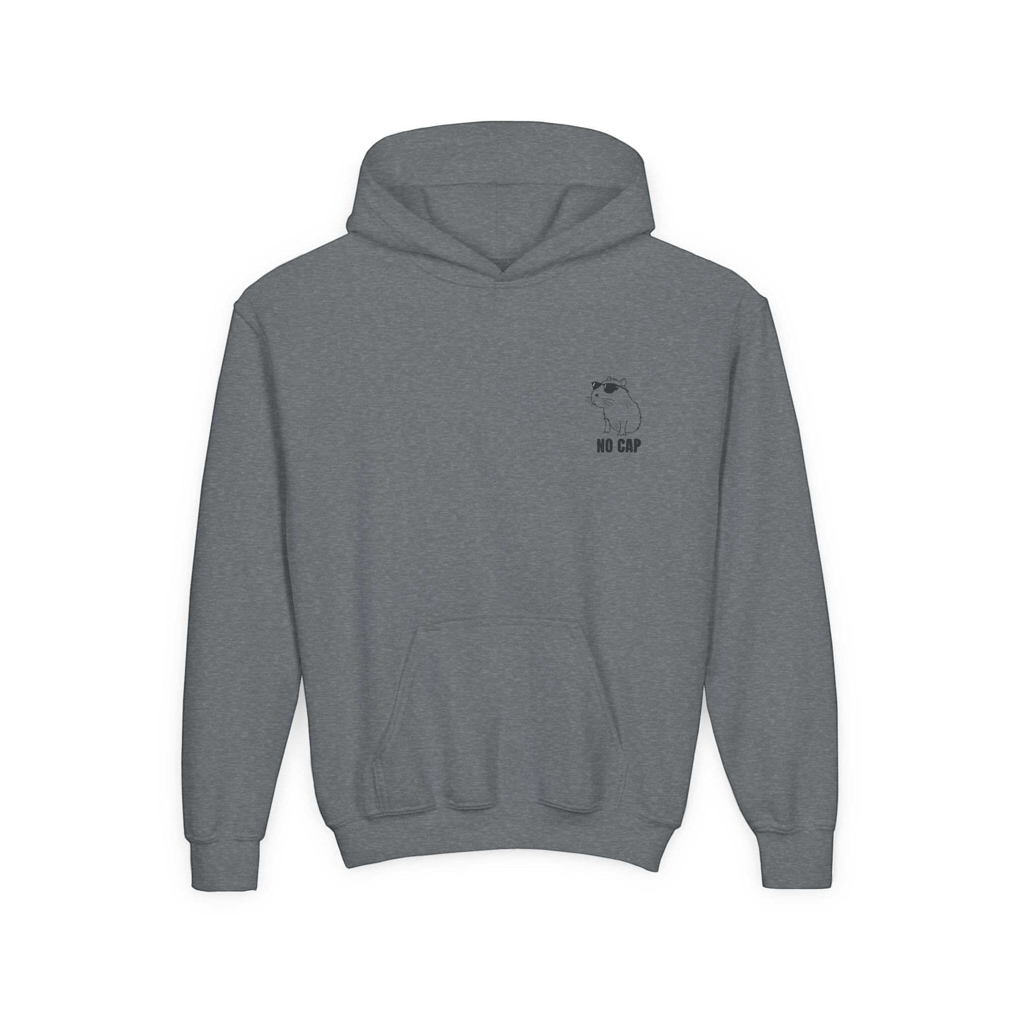 Capy Life grey youth hoodie featuring minimalist embroidery of a chill capybara wearing sunglasses with No Cap text.
