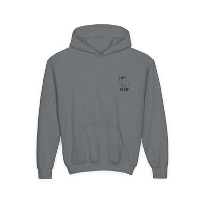 Capy Life grey youth hoodie featuring minimalist embroidery of a chill capybara wearing sunglasses with No Cap text.