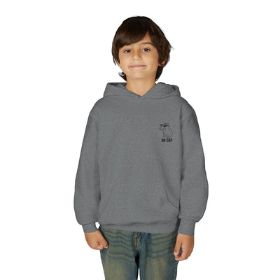 Capy Life grey youth hoodie featuring a small embroidered capybara and No Cap text on the chest, worn by a young boy.