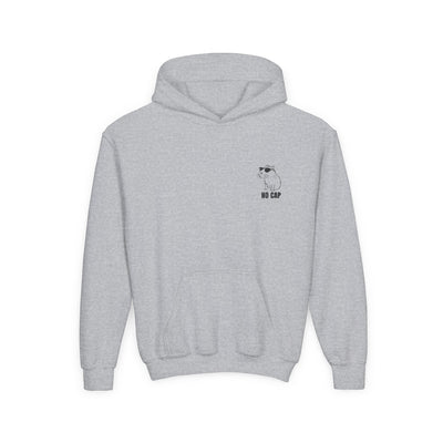 Capy Life grey youth hoodie with a minimalist embroidered capybara wearing sunglasses and the text No Cap on the chest