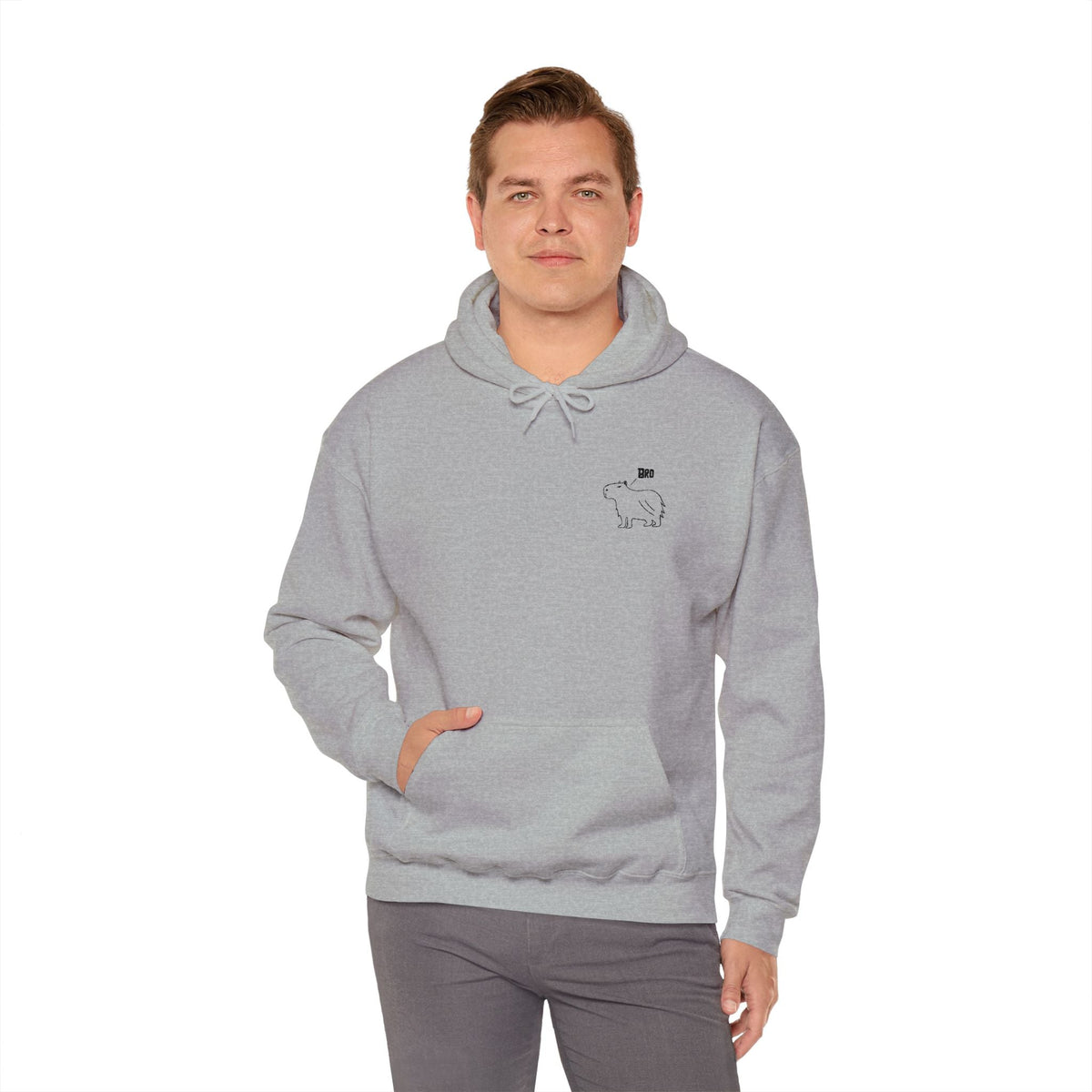 Capy Life grey hoodie featuring a minimalist embroidered capybara design with the word Bro on the chest
