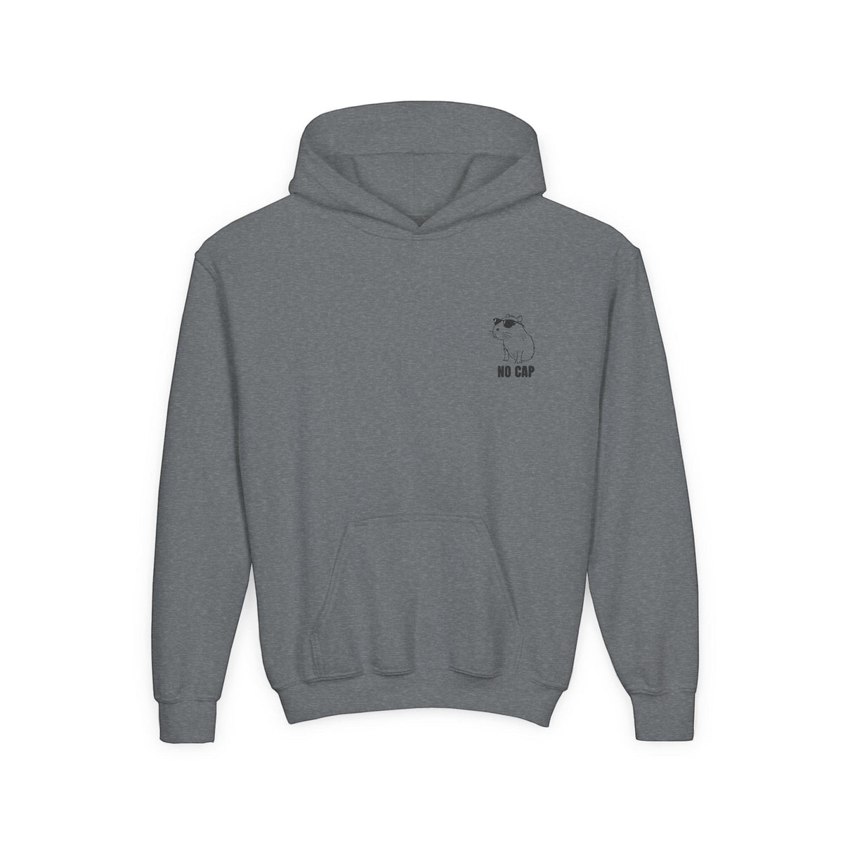 Capy Life grey youth hoodie featuring minimalist embroidery of a chill capybara wearing sunglasses with No Cap text.