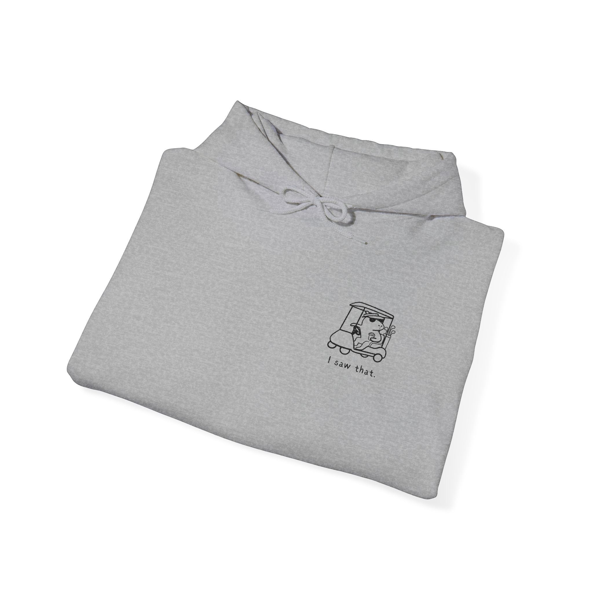 Capy Life grey cotton-blend hoodie featuring a minimalist embroidered capybara driving a golf cart with text I saw that