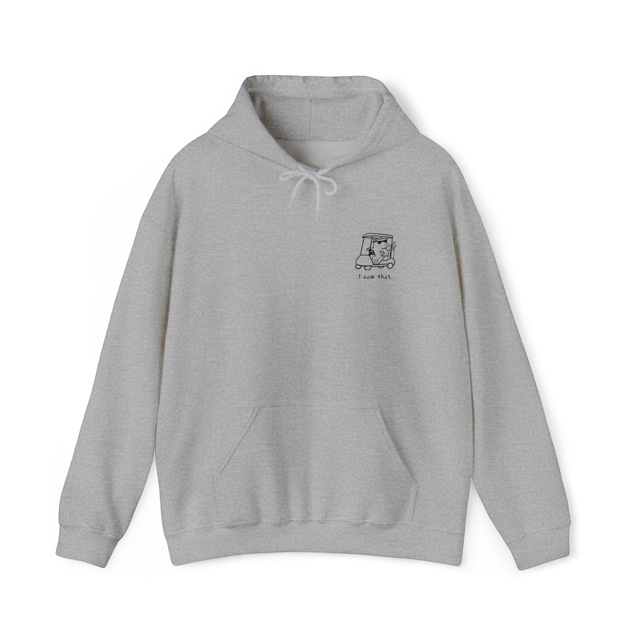 Capy Life grey fleece hoodie with a small minimalist embroidered capybara in a golf cart and I saw that text.