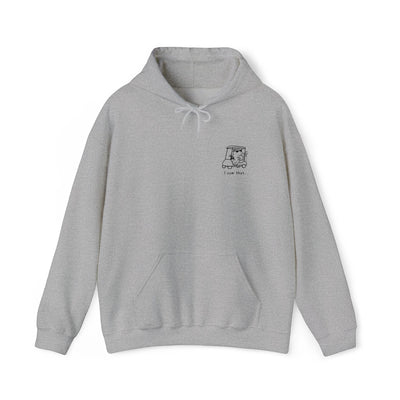 Capy Life grey fleece hoodie with a small minimalist embroidered capybara in a golf cart and I saw that text.