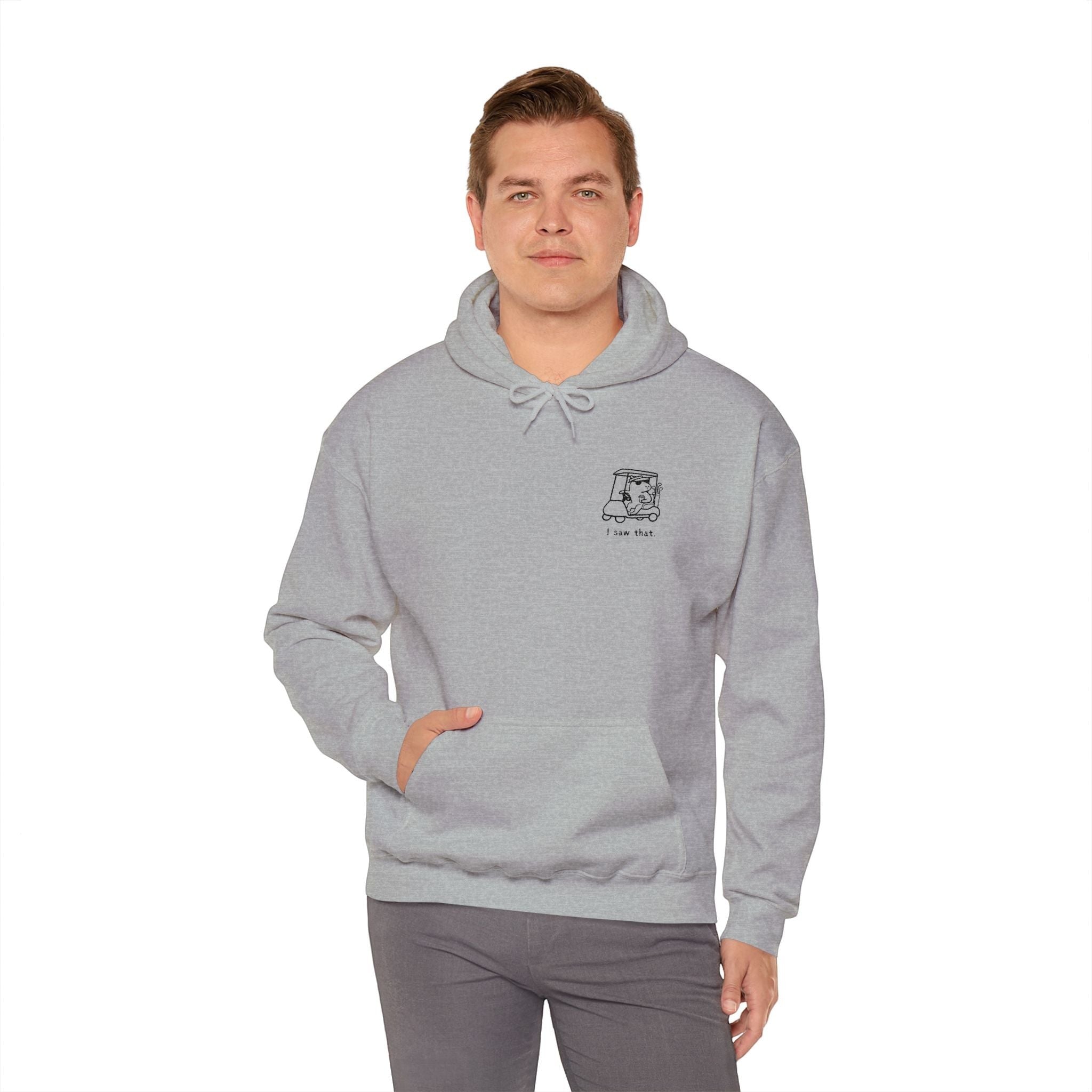 Capy Life grey fleece hoodie featuring a small embroidered capybara in a golf cart with the text I saw that