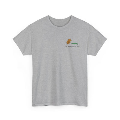 Capy Life grey heavy cotton t-shirt with a small left chest graphic of a capybara and alligator playing golf.