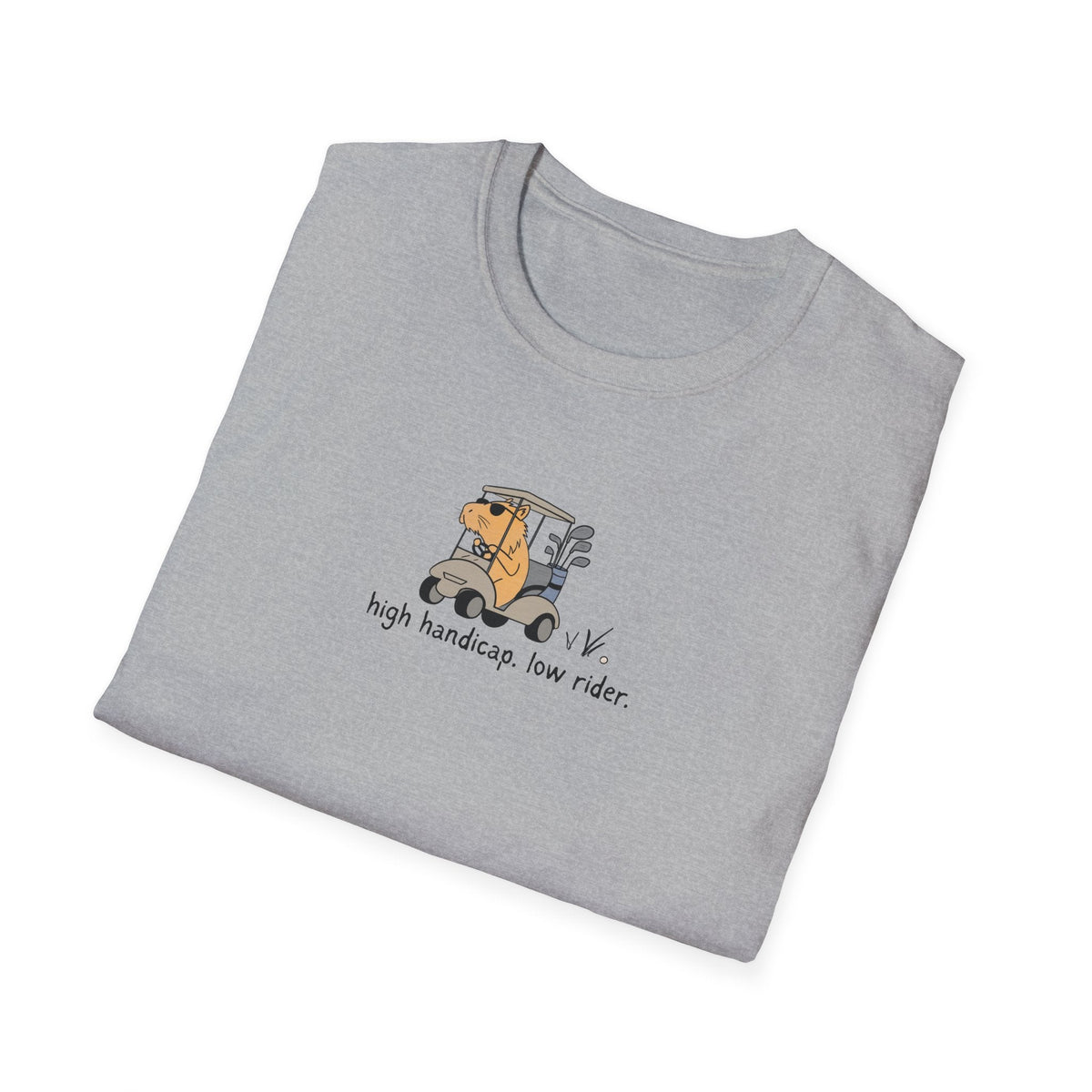 Capy Life grey softstyle t-shirt featuring a funny illustration of a capybara driving a golf cart with text.