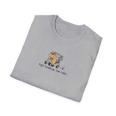 Capy Life grey softstyle t-shirt featuring a funny illustration of a capybara driving a golf cart with text.