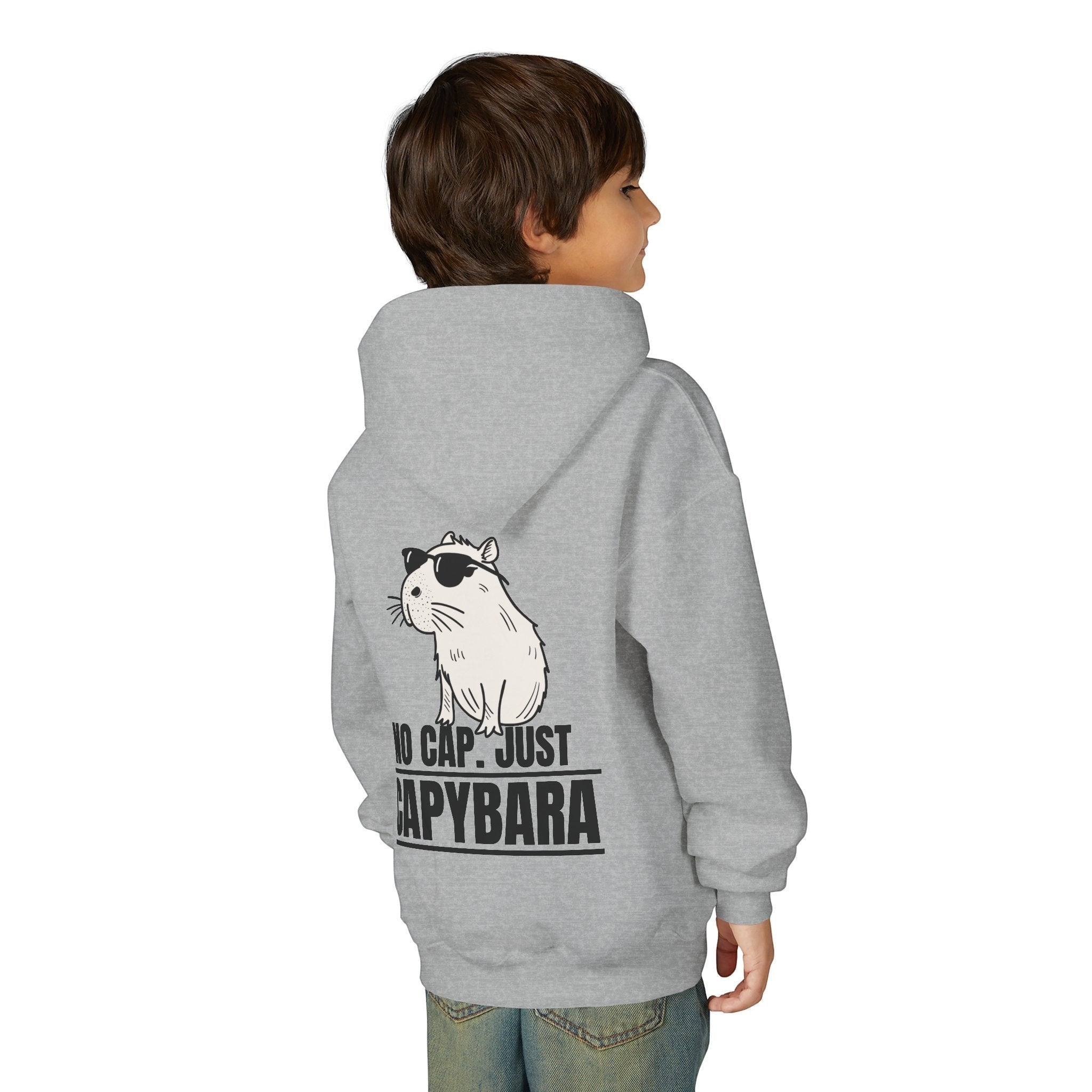Capy Life kids grey hoodie featuring a back graphic of a cool capybara wearing sunglasses with the text No Cap Just Capybara