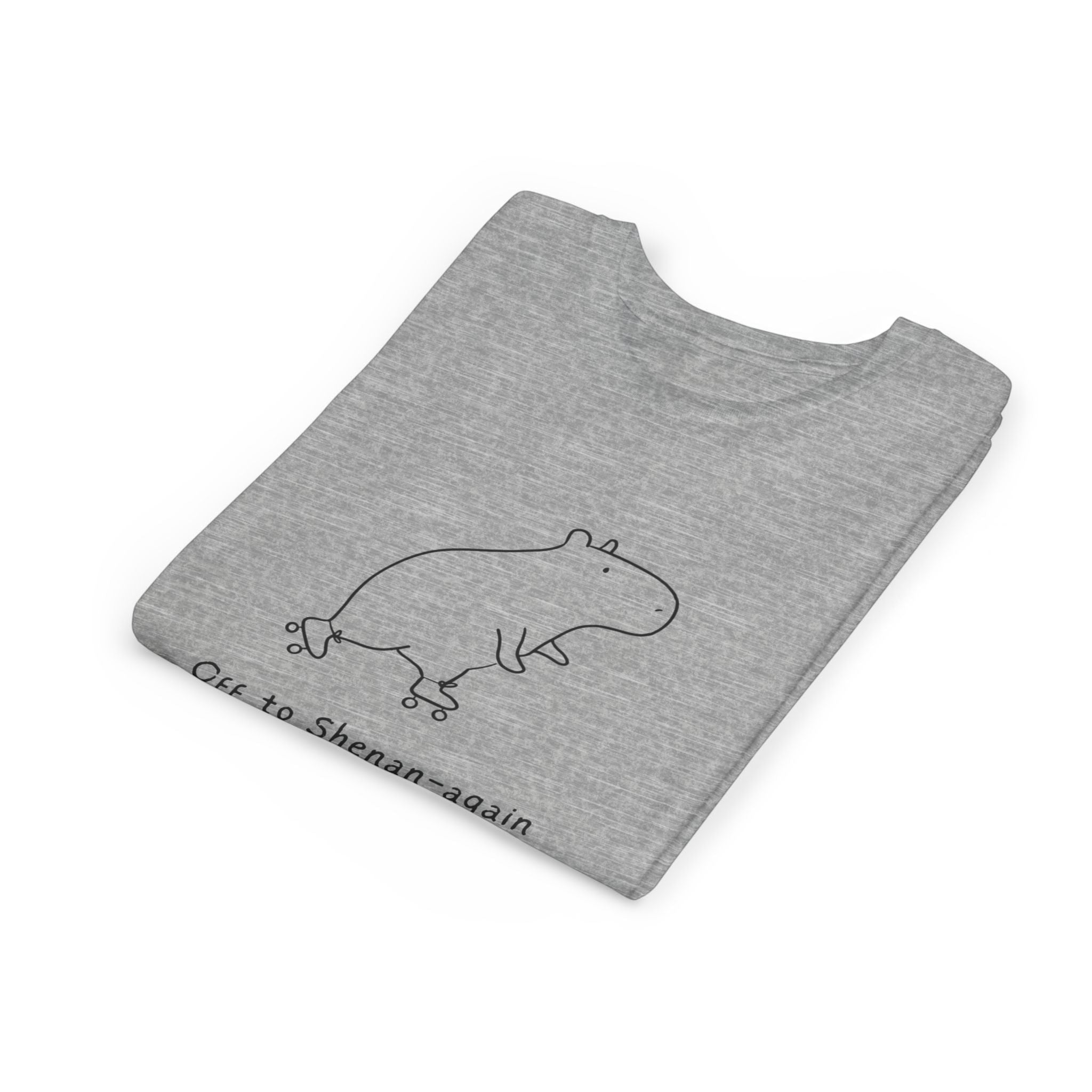 Capy Life grey kids t-shirt featuring a doodle of a capybara on roller skates with the text Off to Shenan-again