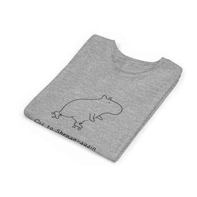 Capy Life grey kids t-shirt featuring a doodle of a capybara on roller skates with the text Off to Shenan-again