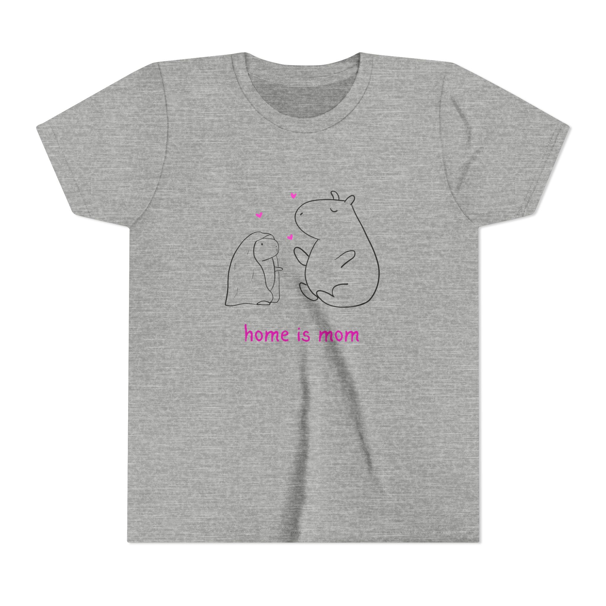 Capy Life grey cotton kids t-shirt featuring a minimalist capybara illustration and the text Home is mom.