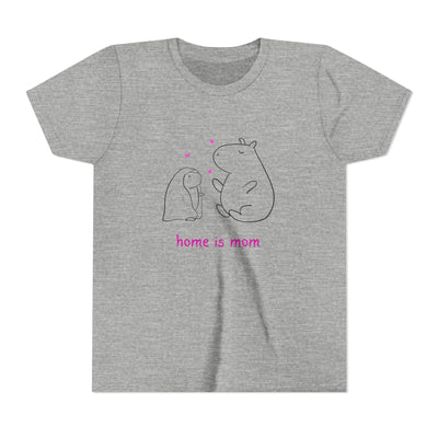 Capy Life grey cotton kids t-shirt featuring a minimalist capybara illustration and the text Home is mom.