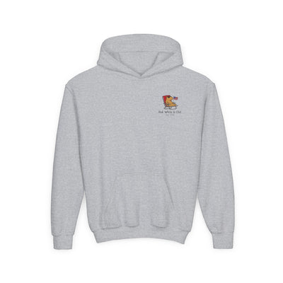 Capy Life grey kids pullover hoodie featuring a small patriotic capybara graphic with an American flag and text.